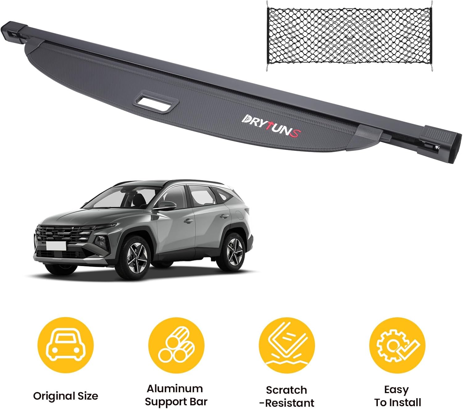 Cargo Cover for Hyundai Tucson 2022-2026, Retractable Trunk Cover Privacy Shade for 22-26 Hyundai Tucson (Carbon Fiber Leather + Net)