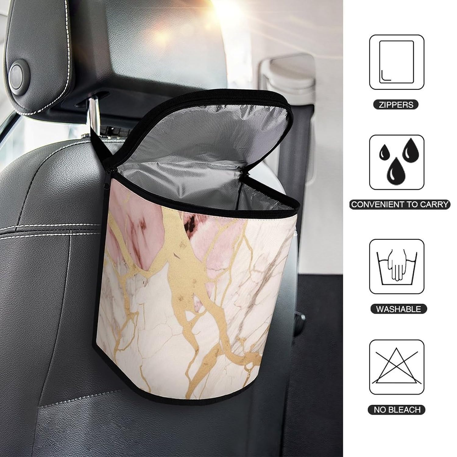 MUSM Leakproof Car Trash Can 2.5 Gallon, Durable Automotive Garbage Bag with Waterproof Liner, Shiny Gold and Peach Trash Bag for Car, Truck, RV & Bathroom
