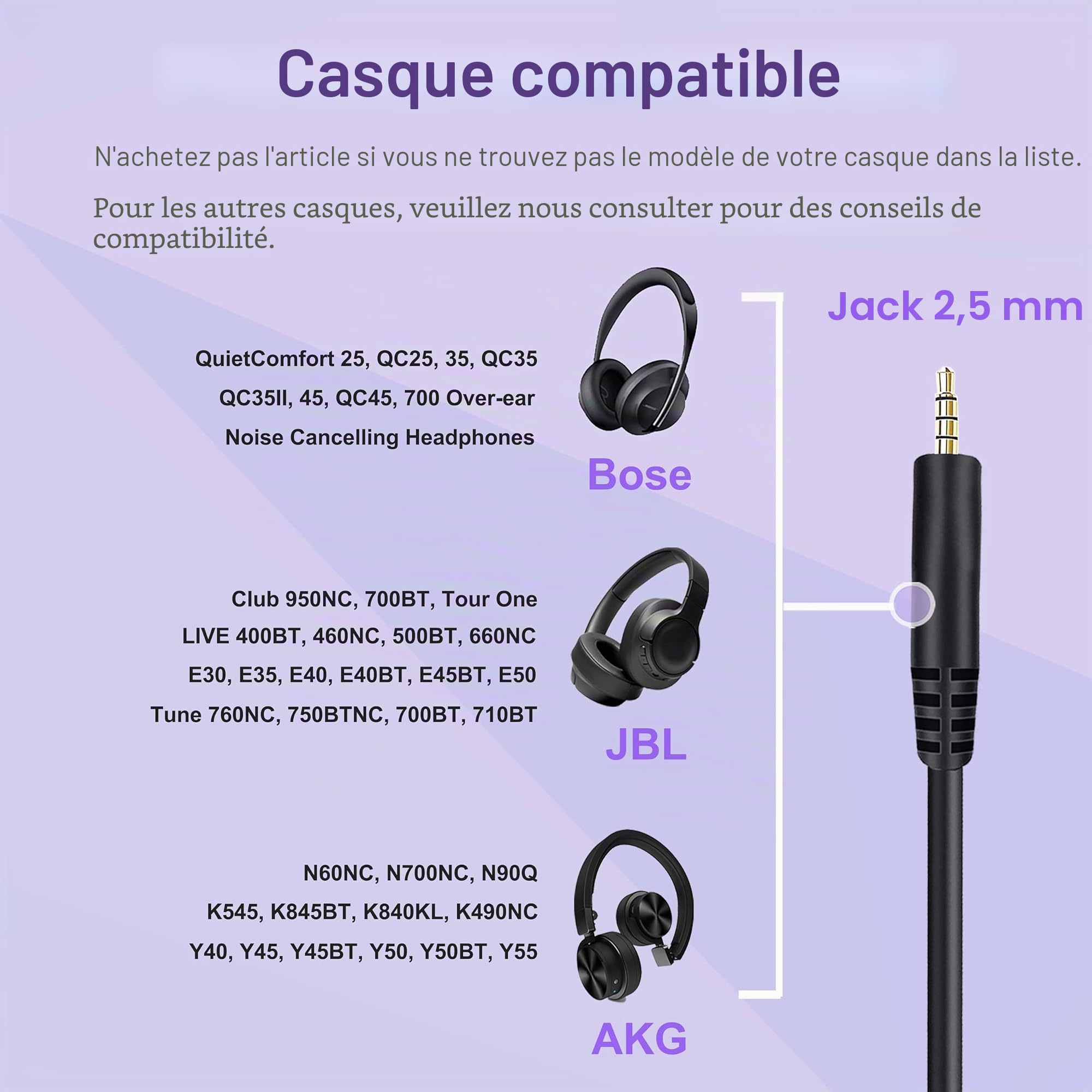 Câble Audio de Remplacement pour Casque Bose Jack 3,5 mm à 2,5 mm Compatible Bose 700 Quietcomfort QC25 QC35 QC35II QC45 JBL Tune 760NC 750BTNC LIVE 660NC avec Micro et Contrôle du Volume