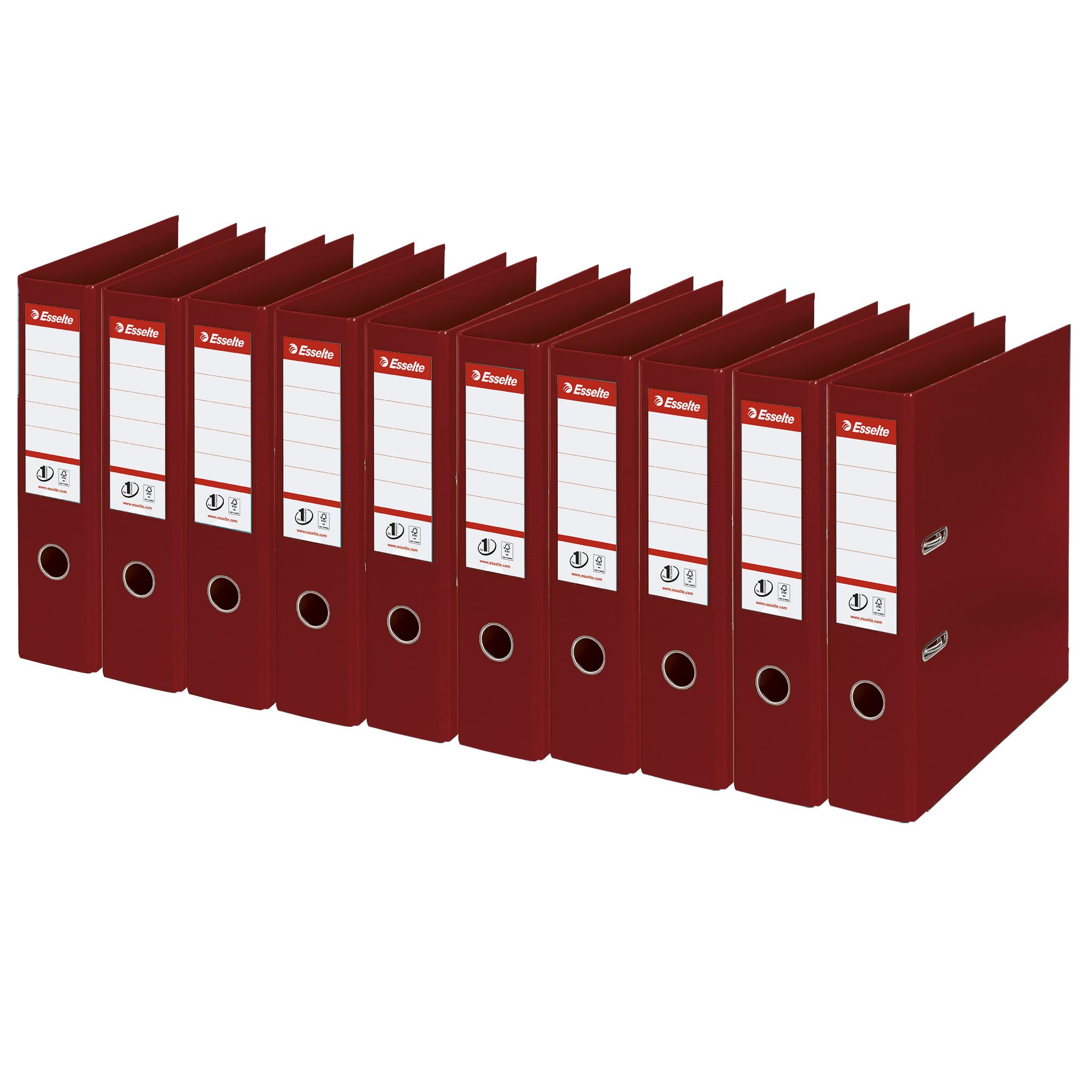 Esselte Ordner breit, DIN A4, 10er Pack, 7,5 cm Rückenbreite, Kunststoff-Ordner, Bordeaux Rot, Vivida, 811510