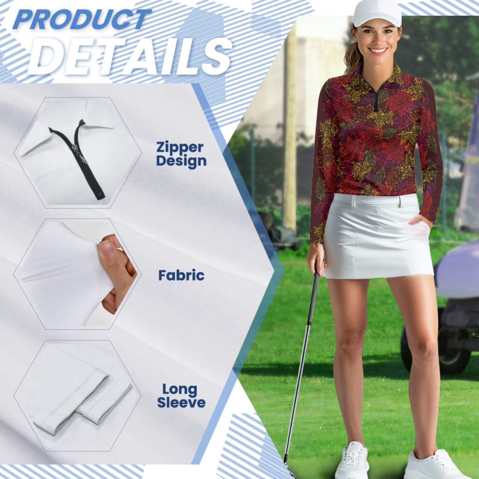 chaqlin Camisas de golf a juego para parejas, de manga larga, con cremallera, para mujer, ropa deportiva, Estampado de hojas de arce, 4XL