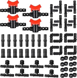 Honoson 52 Pieces Drip Irrigation Fitting Kit Irrigation Barbed Connector for 1/2 Inch Tubing 4 Switch Valve, 8 Coupling, 8 Tee, 8 Elbow, 8 End Closure, 8 Plug, 8 16 to 4 Point Tee Connector