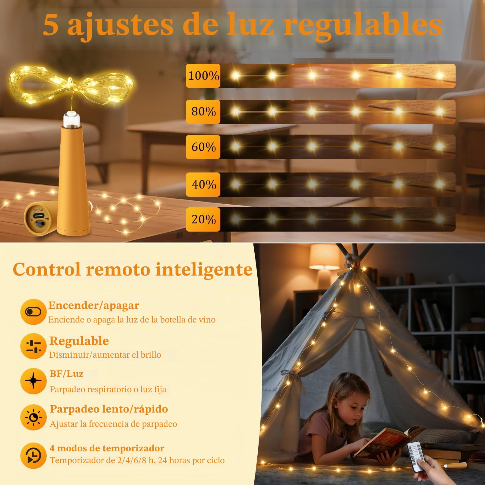 PChero Luces de botella de vino recargables por USB con corcho y temporizador remoto | Paquete de 10, 20 luces LED de 2 m, para manualidades, fiestas, bodas, Navidad, Halloween, festivales, decoración de bar