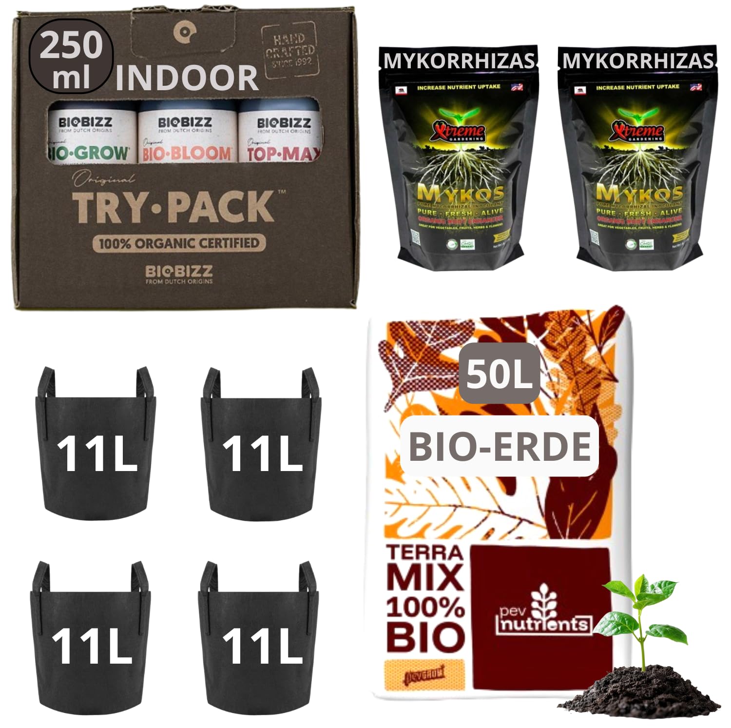 Set di piante | Terra biologica | Trypack Biobizz | vasi in tessuto | Grow Set
