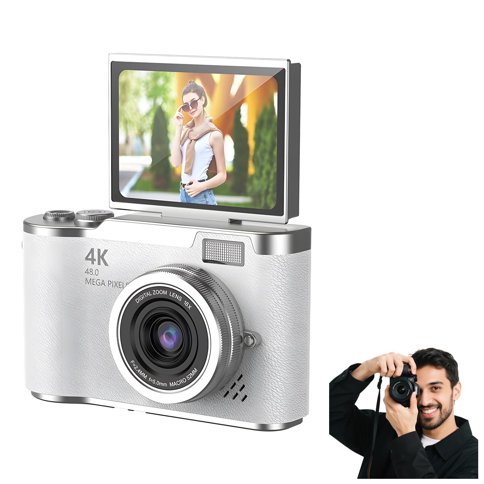 eSynic Fotocamera Digitale Compatta 4K 48MP, Doppio Schermo