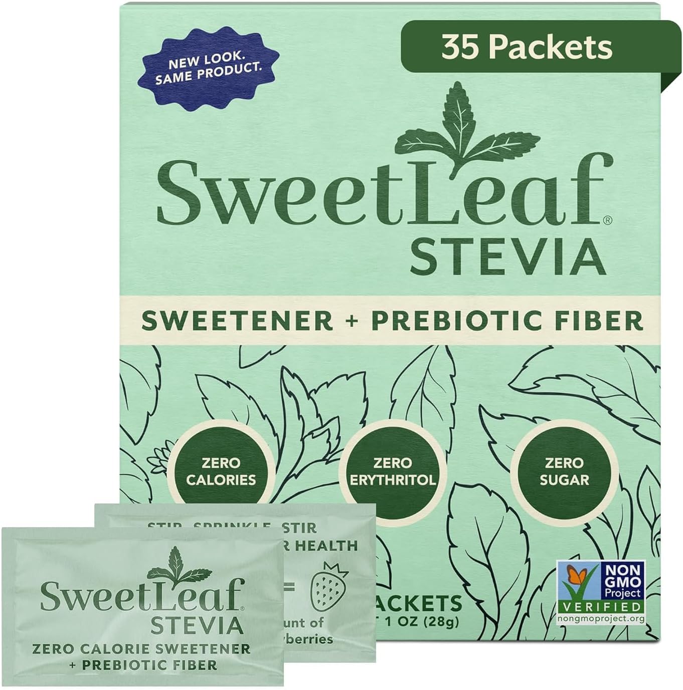 SweetLeaf Stevia Powder Sweetener, Sugar Free - 35 Packets (1 Pack) | Zero Calorie Sweetener No Erythritol, Stevia Leaf Extract, Natural Sugar Substitute for Coffee & Baking, Prebiotic Fiber