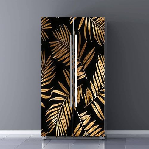 Juego de envoltorios de vinilo autoadhesivos para refrigerador, hojas de helecho, color negro, estilo dibujado textil, mural de puerta, adhesivo