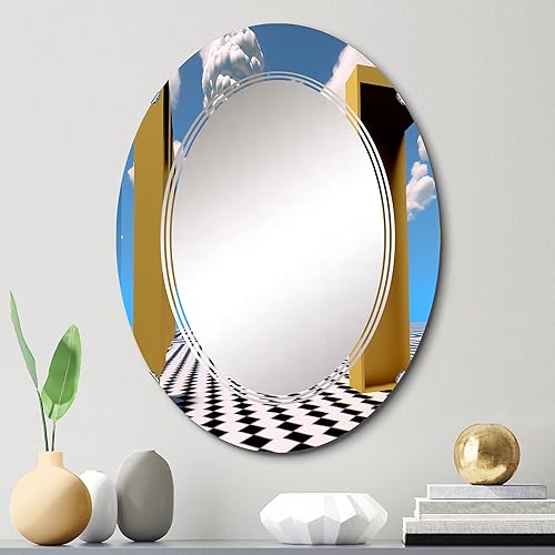 Miniatura 2 de DesignQ Surrealist Landscape of Golden Doors to Infinity- Vanity Mirror, Bathroom Mirrors, Wall Mirrors for Living Room, Bedroom - Oval Mirror -