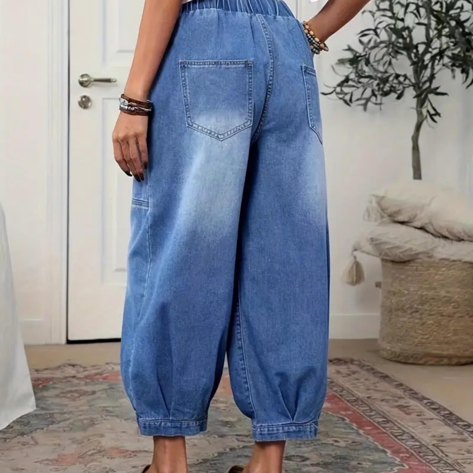 Damen Baggy Straight-Leg-Jeans Trendige Distressed Elastische Taille Lockerer Sitz Jeans Cropped-Hose