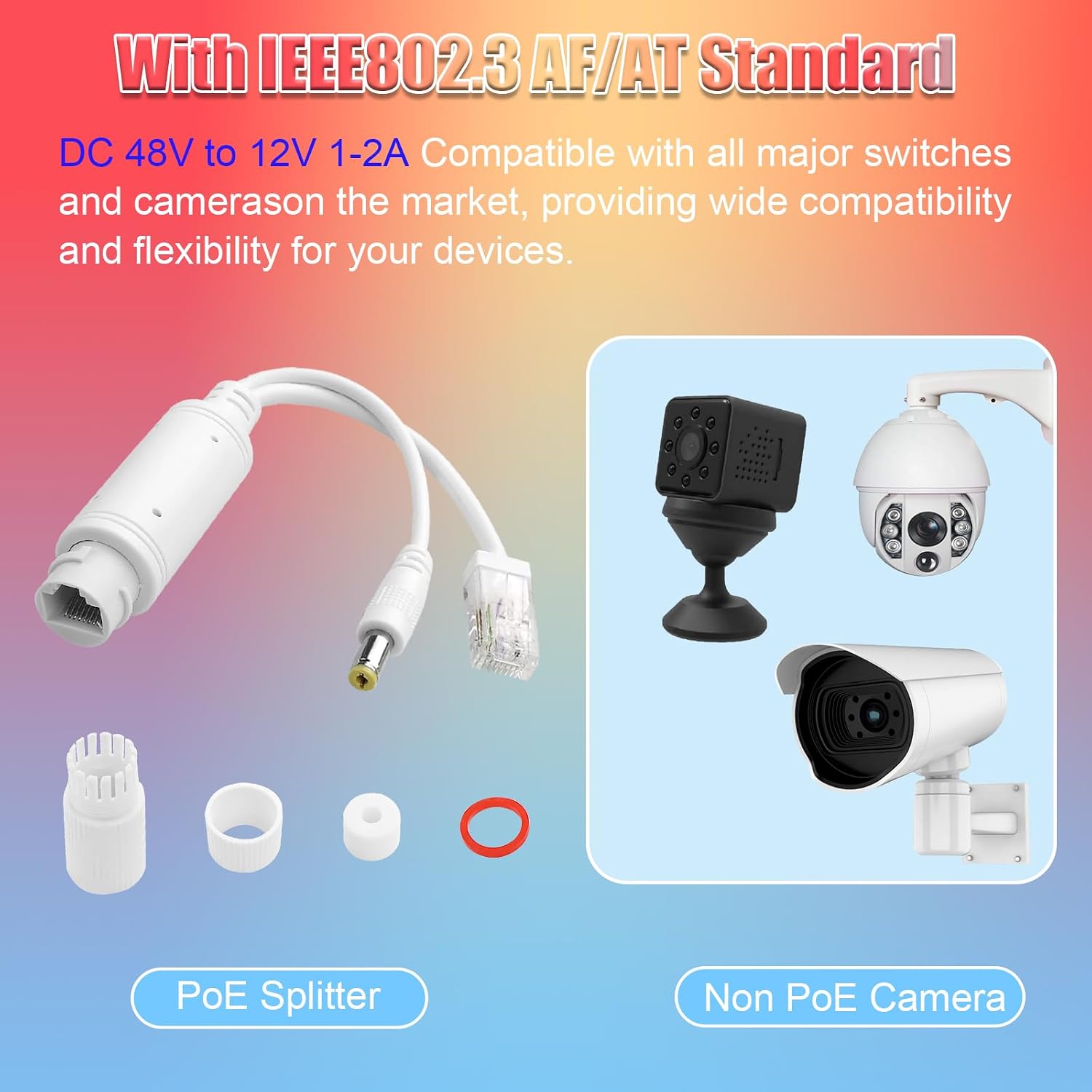 POE Splitter 48V to 12V Power Over Ethernet Waterproof Splitter Adapter,12W(Max), 5.5x2.1mm DC Connector,IEEE 802.3Af/at,Suitable for Security IP Cameras (2 Pack)