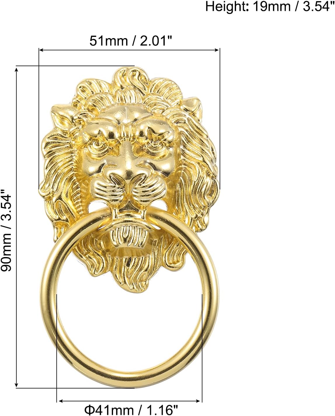 uxcell 2 Pcs Lion Head Pulls Knob, 3.54" x 2" Zinc Alloy Vintage Lion Door Handle Decorative Front Door Knob Ring Pull Handle for Gate Cabinets Drawers, Gold