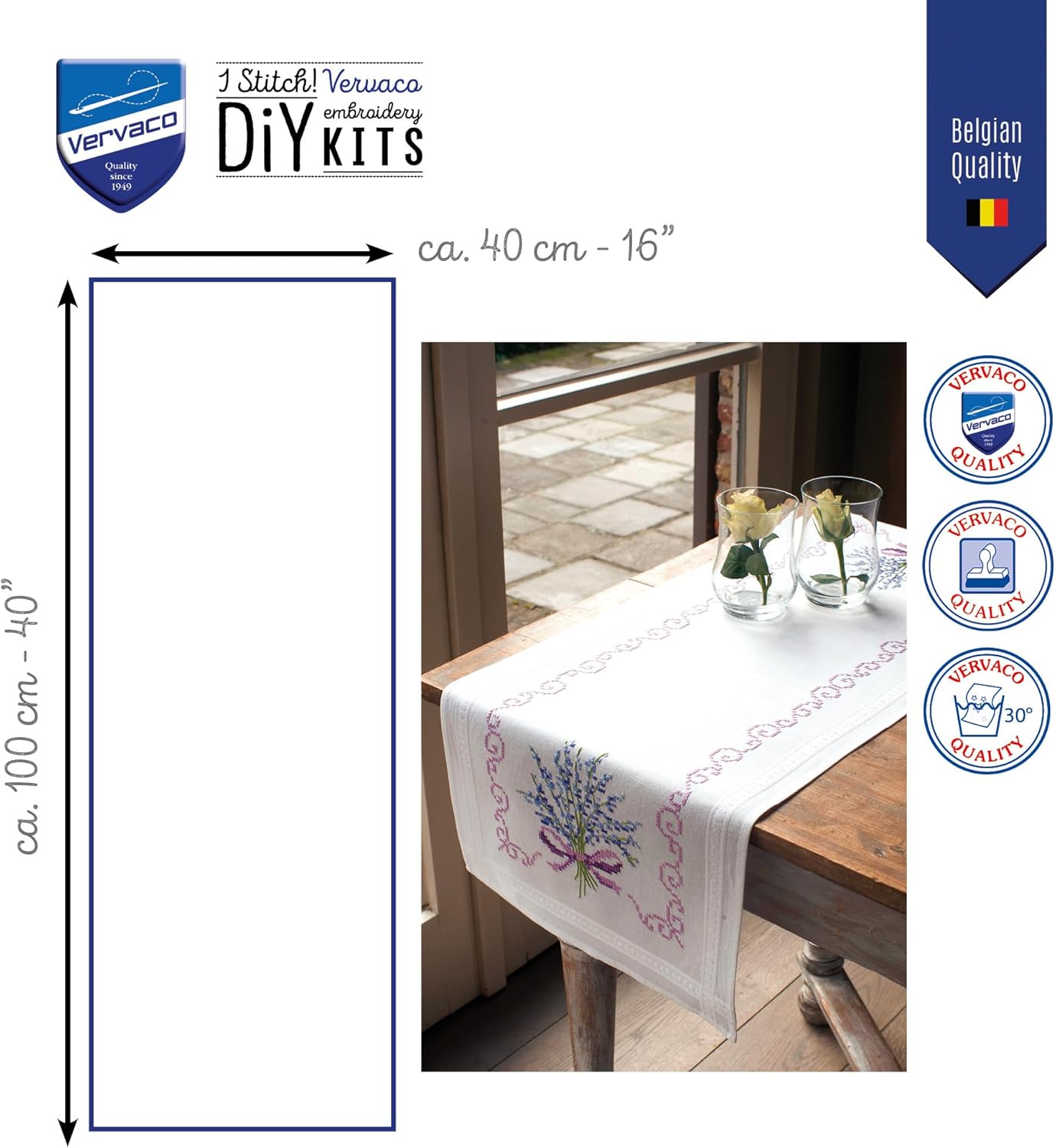 Vervaco Embroidery Kits Cross Stitch Table Runner DIY Kit, Tablecloth to Embroider with Image in Modern Design, Cotton and Thread, 16 x 40 Inches, Lavender