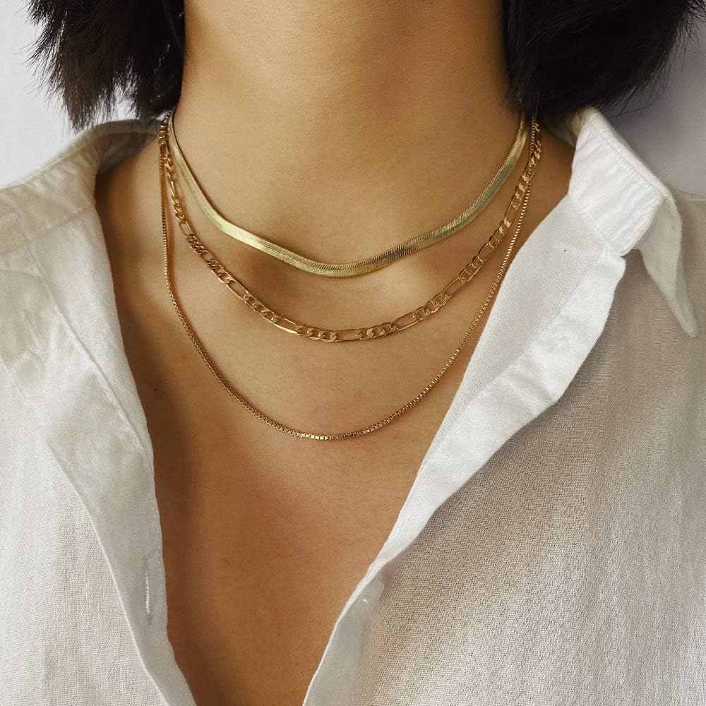 Aimimier Bohemia Layered Cuban Link Chain Choker Necklace Flat Herringbone Figaro Chain Necklace Unique Accessories for Women and Girls
