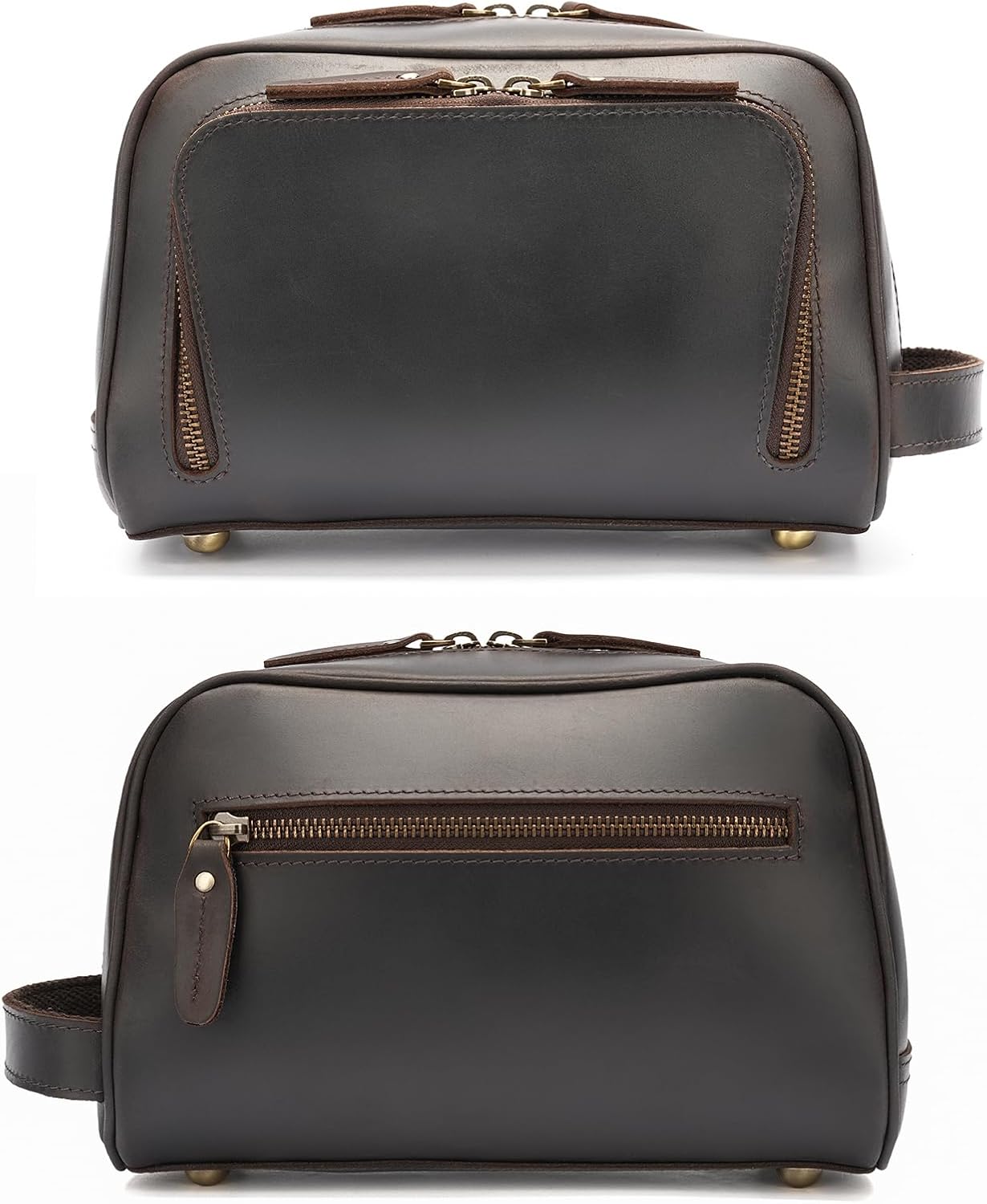 Polare Vintage Full Grain Leather Handmade Travel Toiletry Bag for Men - Dopp Kit - Shaving Kit with YKK Metal Zippers A-Dark Brown