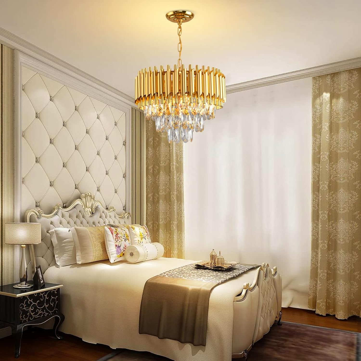 Gold Crystal Chandelier 3-Tier Dining Room Chandelier Light fixtures Modern Chandeliers for Dining Room Small Pendant Light Fixture for Living Room Foyer Kitchen Island Entryway Round 5 Light W15.7”