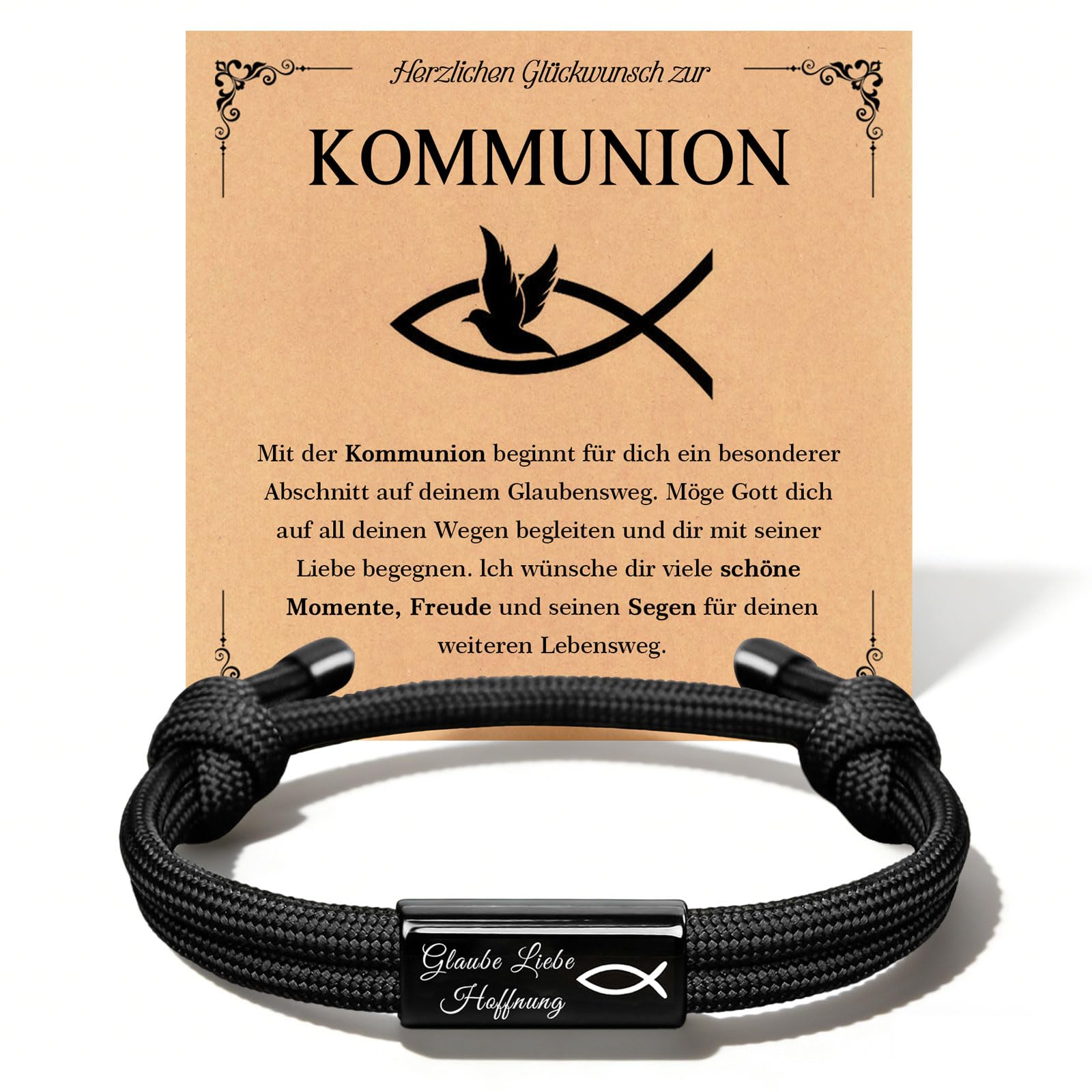 Kommunion Geschenk Fisch Surfer Armband für Jungs, Lasergravur Segeltau Armbänder mit Edelstahl Charme, Christliche Motivation Taufgeschenke für Kinder Konfirmation Erstkommunion (Kommunion Karte)