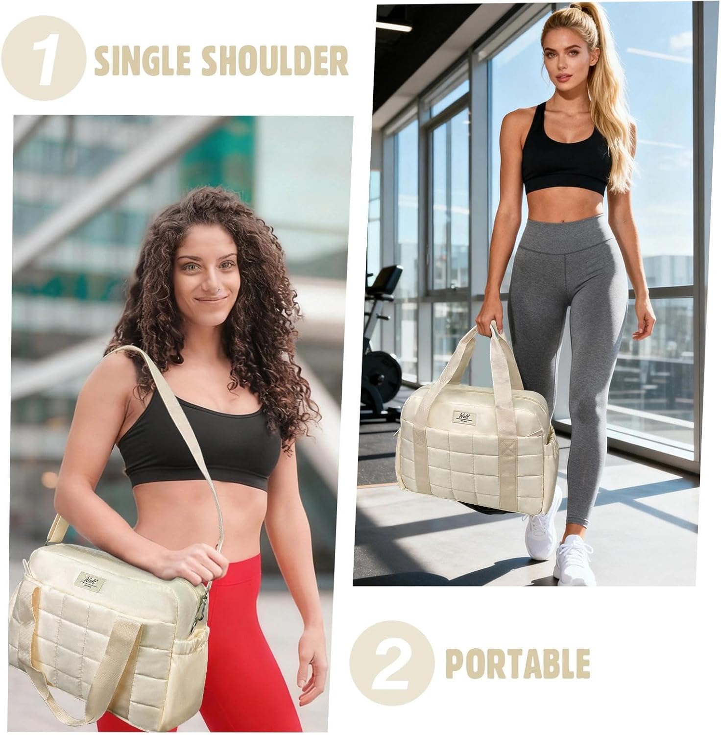 WOLT Small Gym Bag for Women, 14 inch Lightweight Gym Duffle Bag with Wet Compartment Quilted Tote for Sports Workout, Beige - Image 2