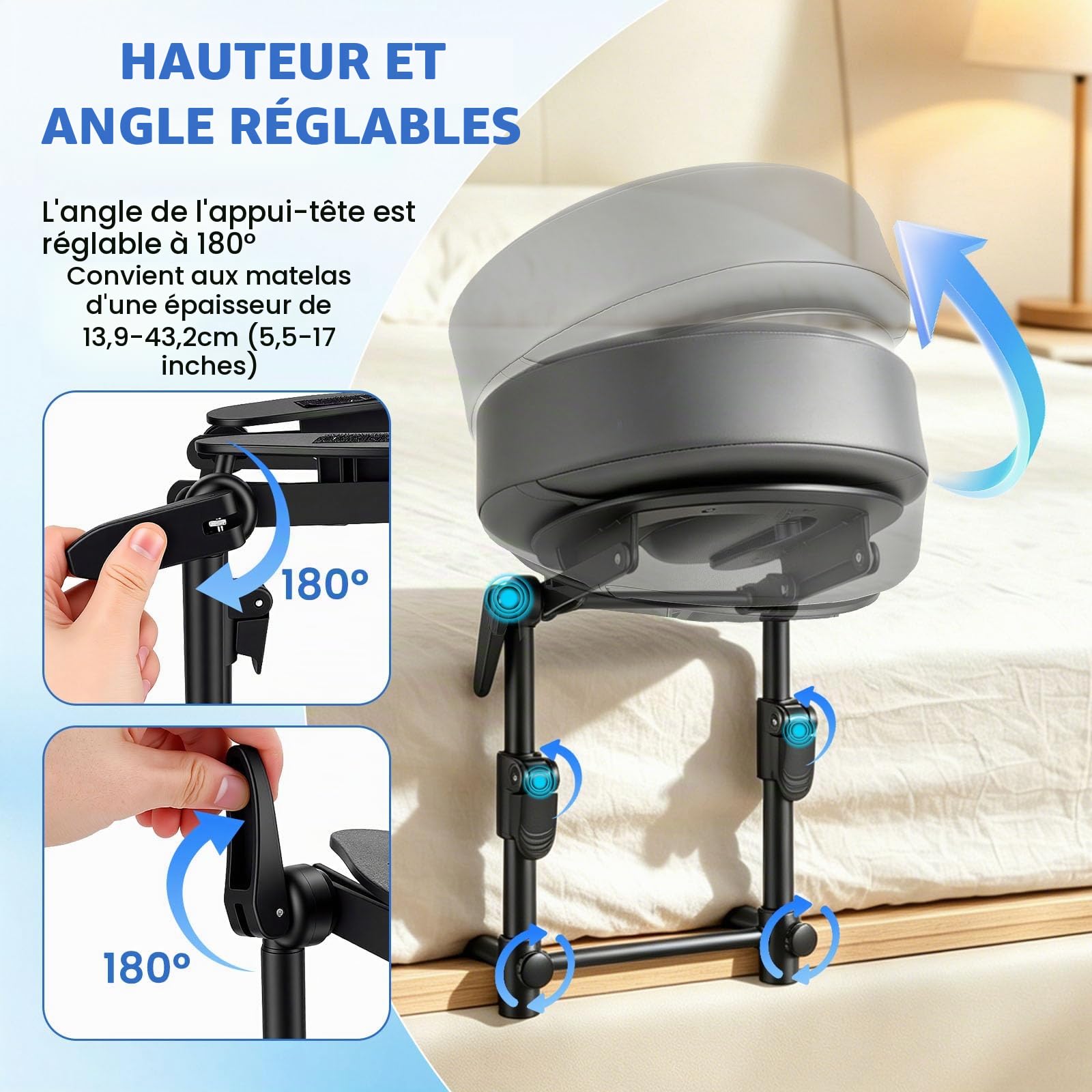 Appui-tête de massage réglable pour lit avec cadre et coussin de soutien, accessoire de convalescence post-opératoire des yeux, Support facial pour matelas à domicile et salons de beauté, Gris