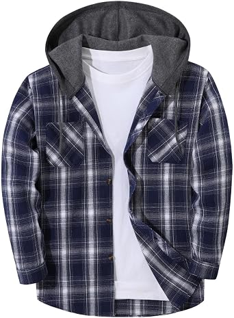 Xiaojmake Flannel Plaid Jackets for Men Long Sleeve Hooded Button Up Coat with Pocket Fall Trendy Casual Sport Daily Wear