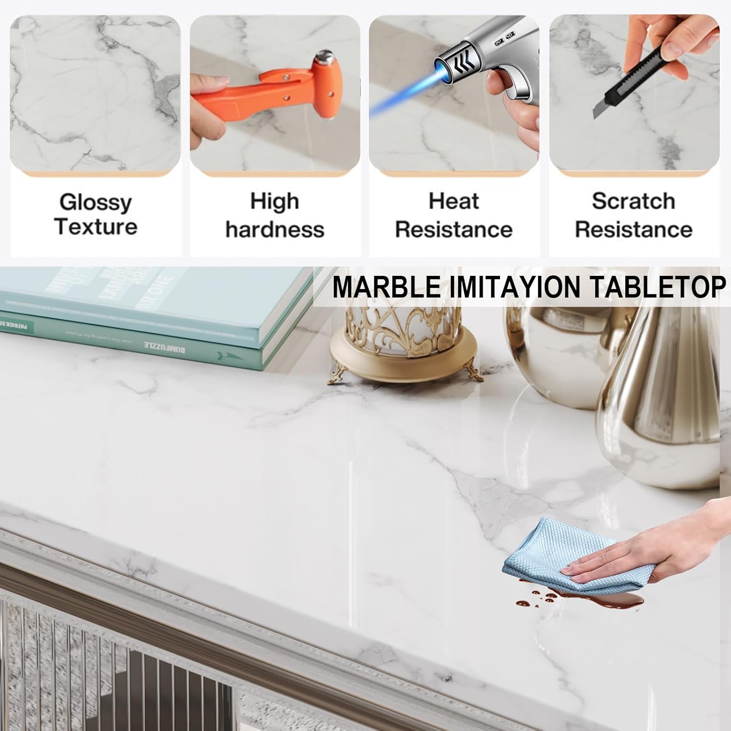 Modern Marble Coffee Table, Luxury White Faux Marble Coffee Table with Silver Stainless Steel Column-Base, 47" Rectangular Center Table Accent Cocktail Table for Living Room Home Office