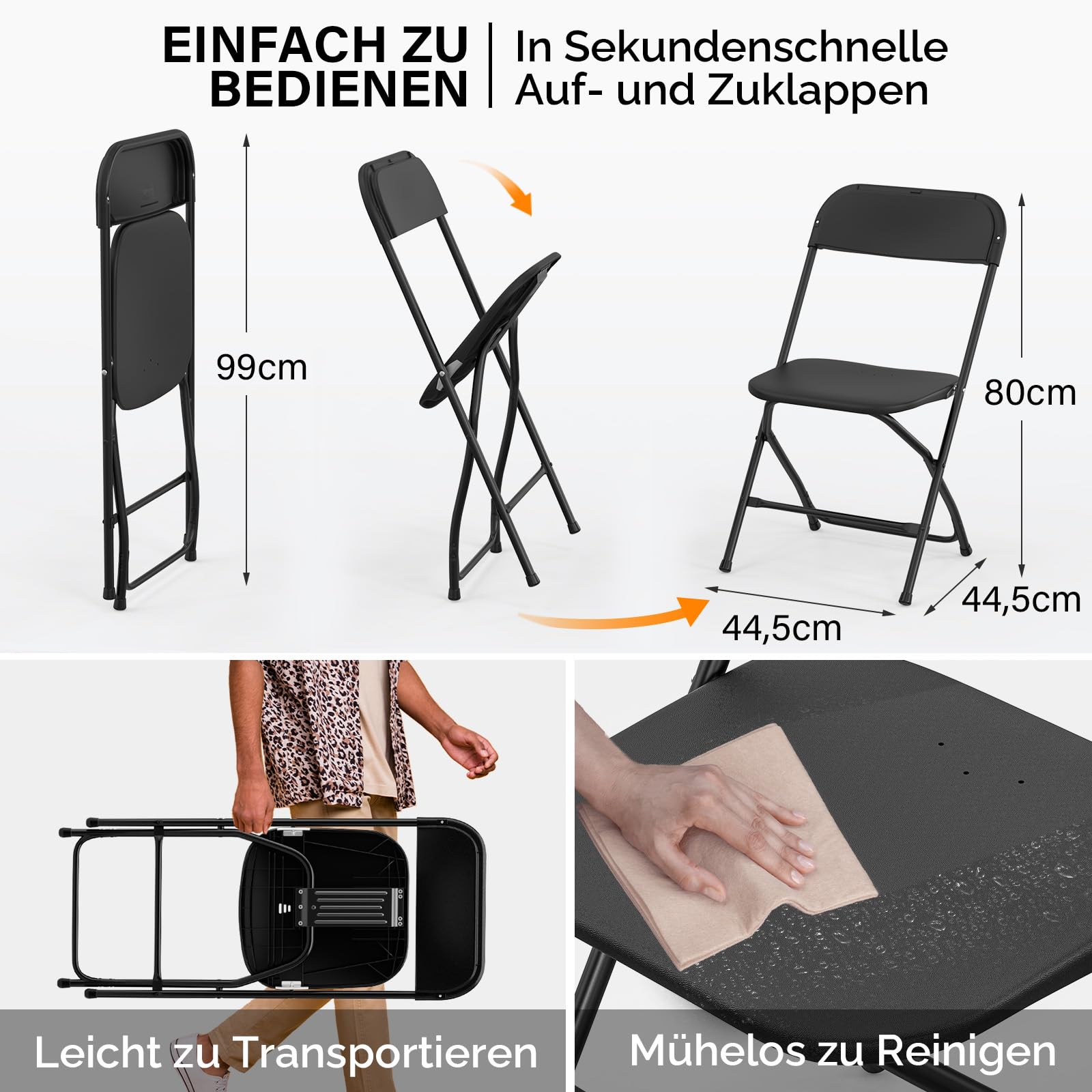 Bonnlo Set de 12 Sillas Plegables – Sillas de Comedor, Jardín, Camping, Plegables, para Balcón, Sala de Estar, Restaurante y Conferencias, Ergonómicas, 47x47x75 cm, hasta 150 kg, Negro