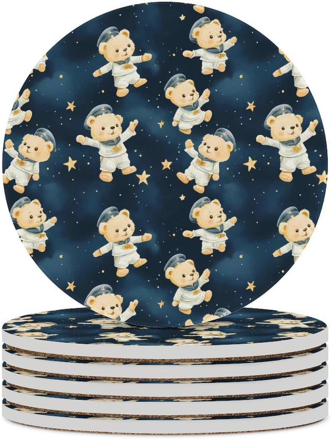 Cute Teddy Bears Stars Round Ceramic Coasters for Drinks Absorbent Cup Holder Tabletop Protector with Cork Base