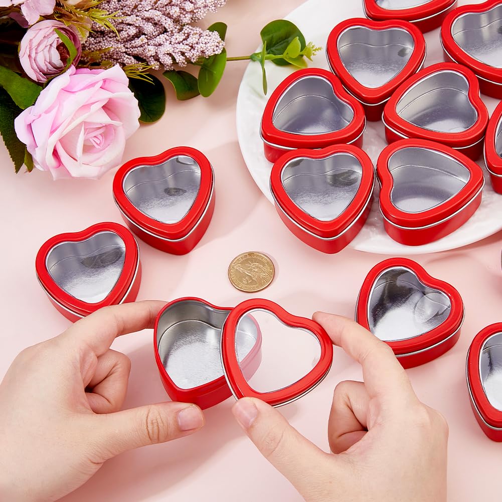 DICOSMETIC 32 Stück 60ml Klein Herzförmige Blechdosen mit Klarsichtdeckeln Herzförmige Kerzenbehälter Klein Metallboxen mit Deckel für Kerzenherstellung Süßigkeiten Geschenke Schätze, Rot