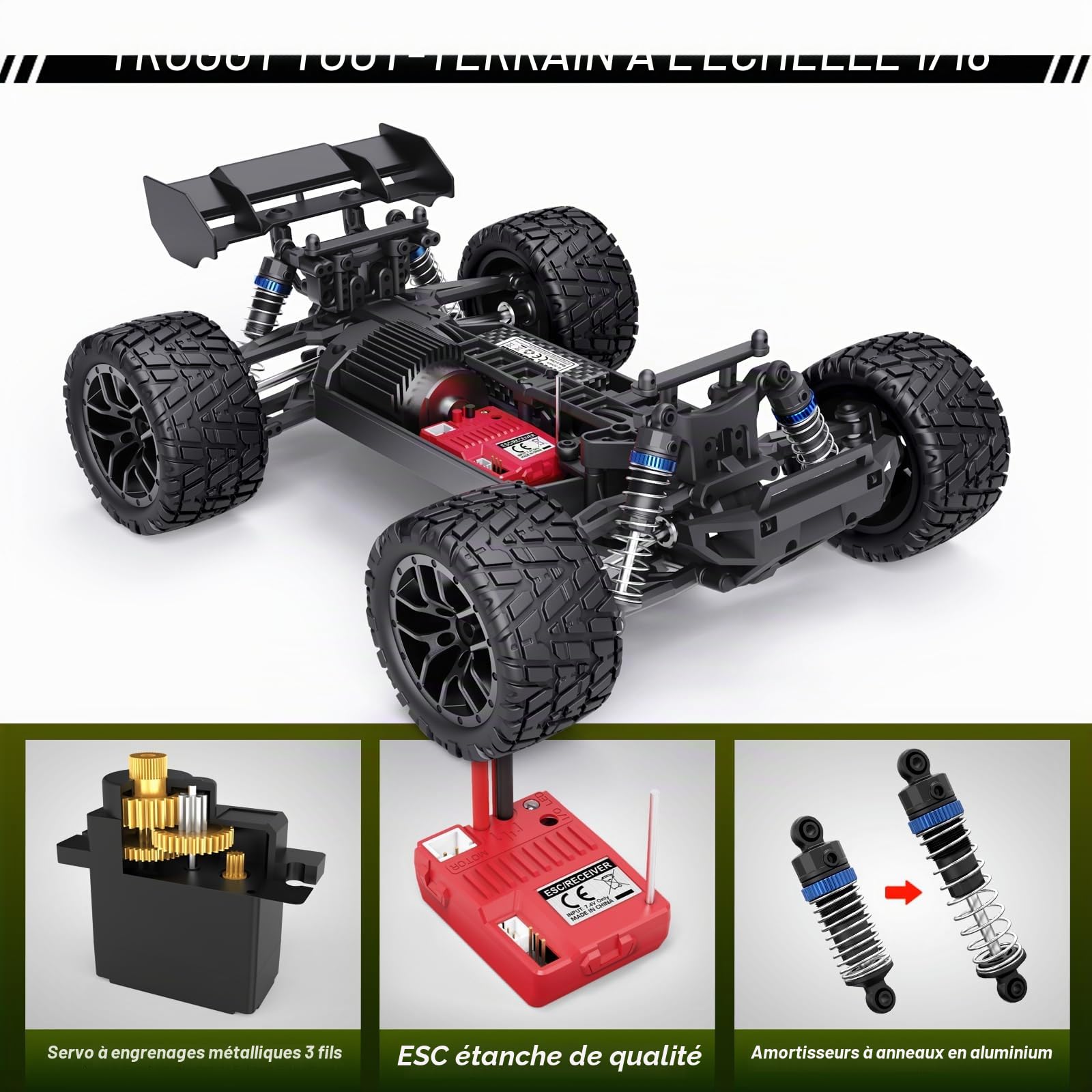 HAIBOXING Voiture télécommandée 4WD 1:18 RC Car Hailstorm, 2,4 GHz 36 km/h Haute Vitesse RC Voiture Tout Terrain, RTR Monster Truggy Véhicule de Jouet pour Adultes et Enfants