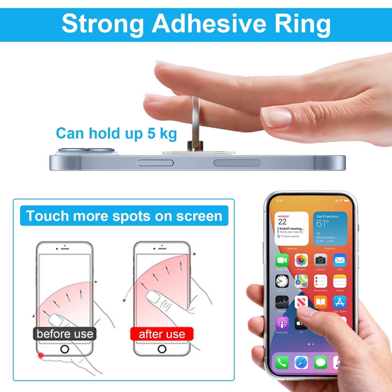 VOVIGGOL Transparent Phone Ring Holder Stand 2 Pcs, 360° Rotation Cell Phone Ring Holder Mobile Finger Kickstand Hand Phone Grip for iPhone, Clear Phone Ring for Phone Case (Round) - 4