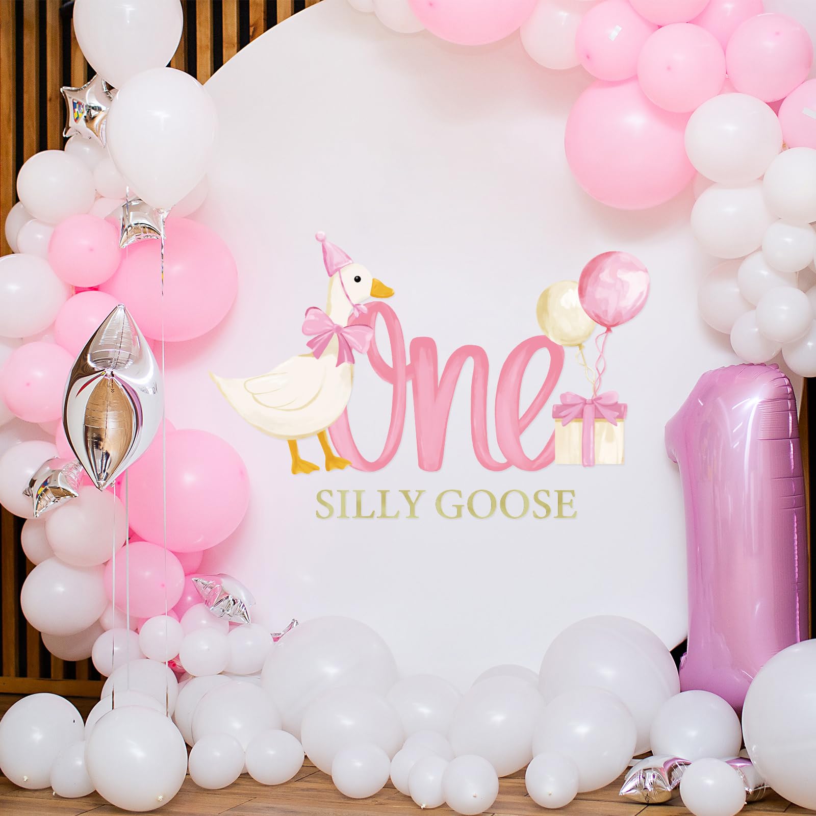 JarThenaAMCS One Silly Goose Party Decal Sign Pink First Birthday Wall Sticker Pink Bow Goose Sweet Party Backdrop Photo Prop for 1st Girl Birthday