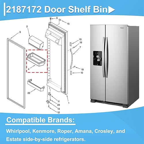 Miniatura 4 de 2187172 Estante para puerta de refrigerador compatible con estantes de repuesto Frigidaire Whirlpool Amana Estate AP6006028, 2187194, AP3853103,