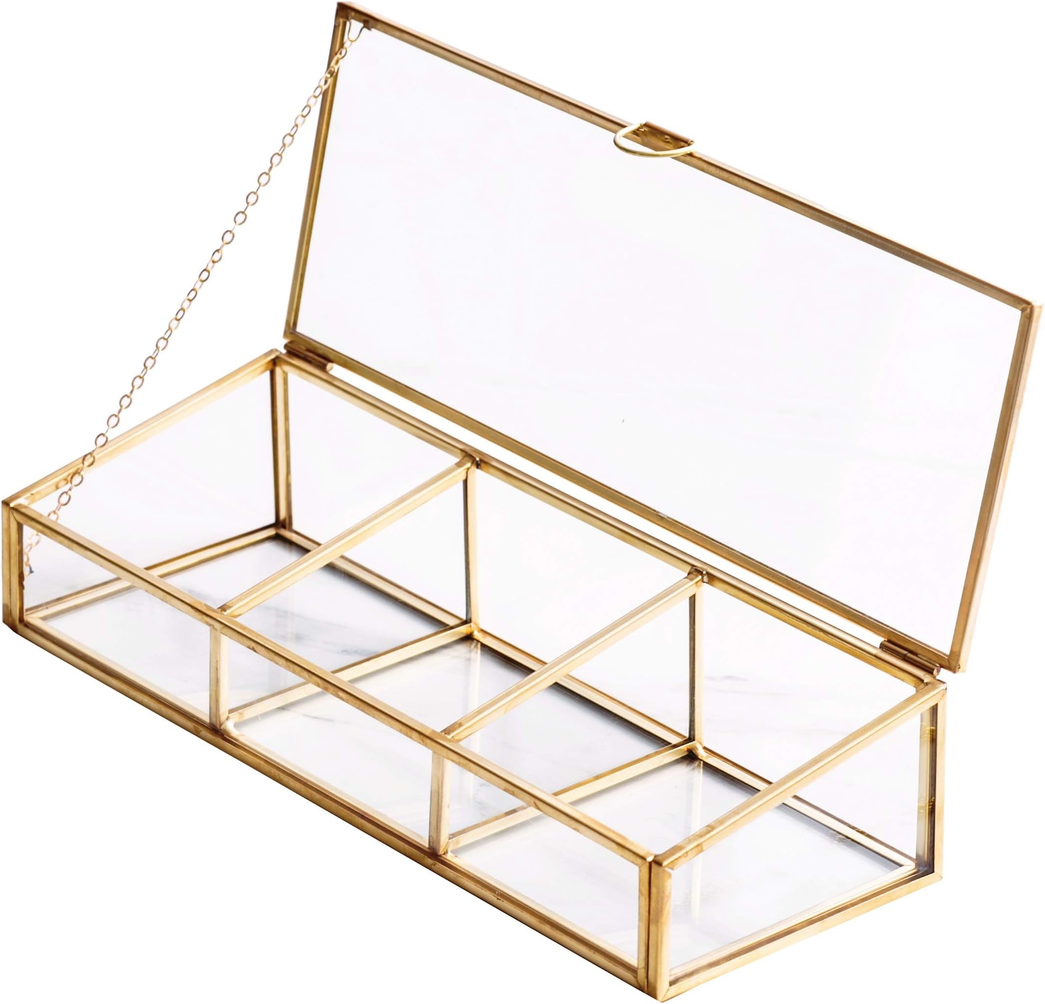 Golden Vintage Glass Lidded Box Clear Glass & Brass Metal Storage Jewelry and Cosmetic Makeup Organizer with Lid Beauty Display, Rectangle with 3 Compartment