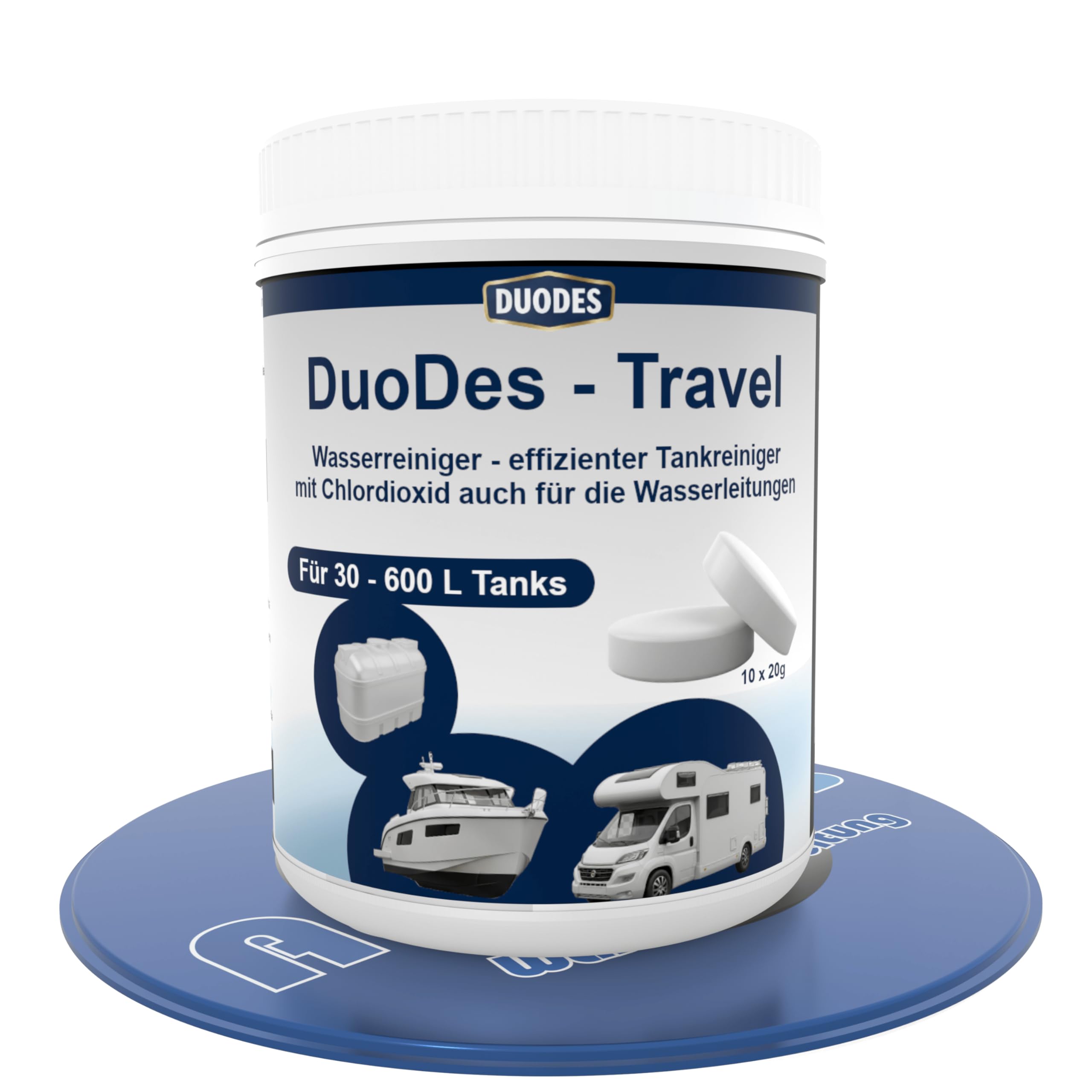 DuoDes Travel Wassertank Reiniger Tabletten - Tankreinigung & Wasserpflege für Wohnmobil, Caravan, Boot - Desinfektion gegen Biofilm, Bakterien & Algen - Für 30-600 L Tanks