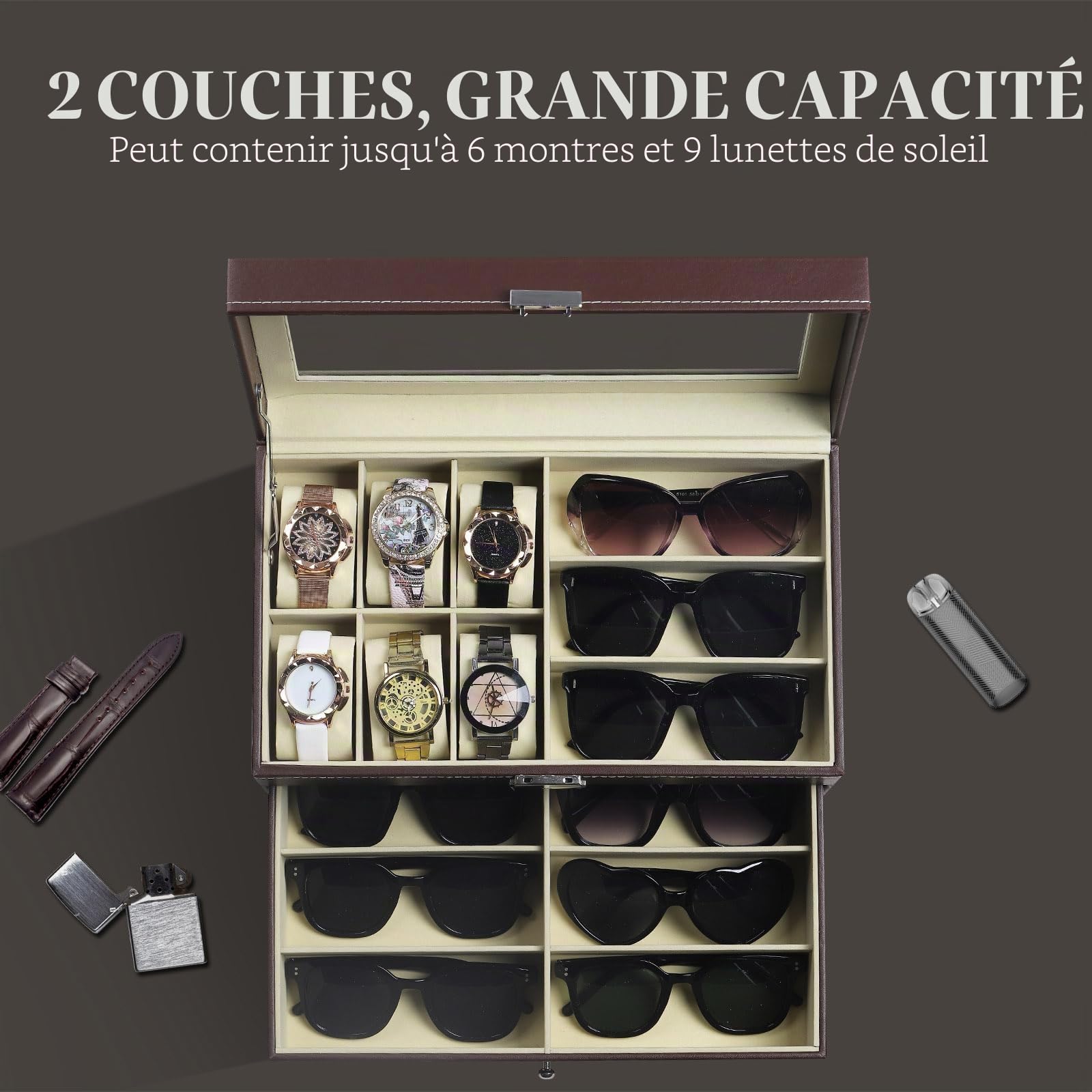 AUTOARK Boîte à bijoux en cuir pour 6 montres et 9 pièces de rangement pour lunettes de soleil avec tiroir verrouillable,Marron,AW-130