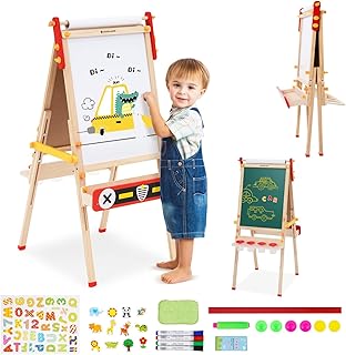 Kids Easel with Paper Roll Double-Sided Whiteboard & Chalkboard Foldable Standing Easel Wooden Art Easel Adjustable with Numbers Alphabet and Other Accessories for Toddlers Boys Girls