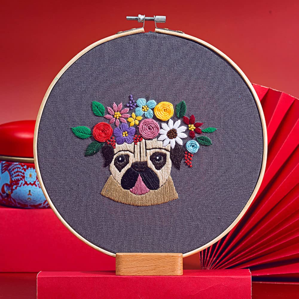 Embroidery Kits For Adults Beginners,Funny Embroidery Kit For Beginners,Stamped Embroidery Kit For Beginners With Animal Pug Pattern,Embroidery Starter Kit Including Embroidery Hoop, Color Threads,Em