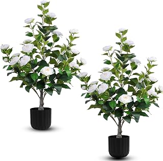 HANANONA 2pcs Artificial Camellia Trees Faux White Flowers in Pots - Realistic 35in Plants for Indoor Outdoor Home Decor, Porch & Front Door