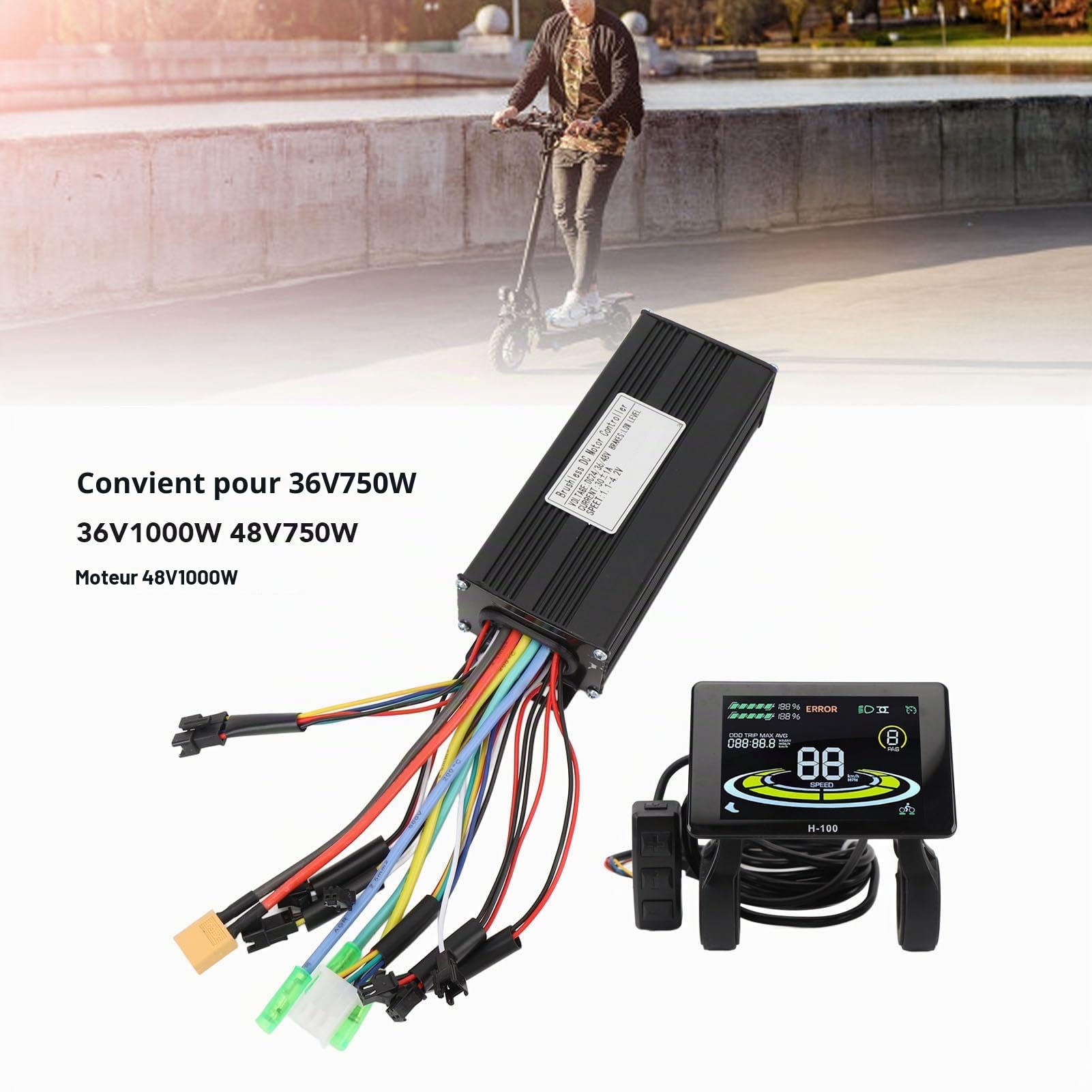 BuyWeek Kit de Contrôleur de Moteur sans Balais pour Vélo Électrique, 36V 48V 750W 1000W 30A 3 Modes Contrôleur d'onde Sinusoidale Panneau d'Affichage LCD Couleur H-100, pour Scooter Électrique
