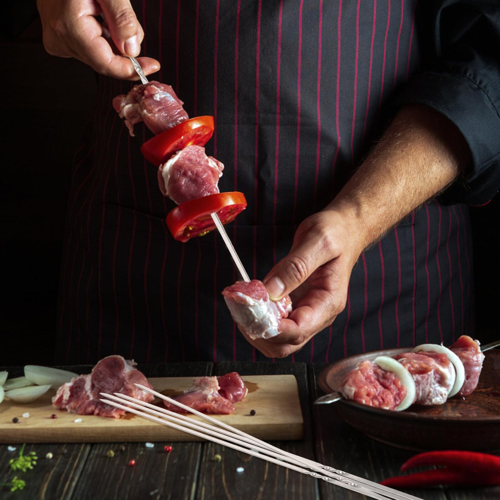 VICASKY 50 Pezzi Spiedini per Barbecue in Acciaio Resistente Bastoncini Piani Riutilizzabili Antiscivolo e Resistenti al Calore per Carne e Verdure per Camping e Grigliate Outdoor