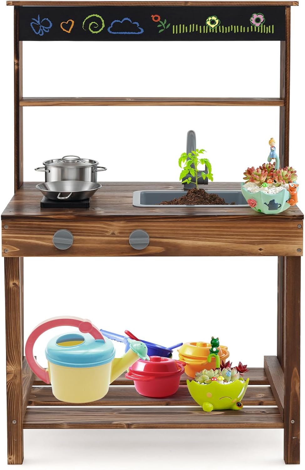 DORTALA Mud Kitchen With Wheels, Fir Wood Rolling Table Cart With Sink, Stoves, Faucet, Storage Shelf, Outdoor Play Kitchen for Toddlers and Kids