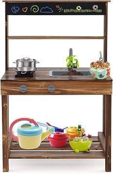 DORTALA Mud Kitchen, Fir Wood Outdoor Play Kitchen with Stoves, Sink & Faucet, Blackboard, Storage Shelf, Kids Kitchen Playset, Mud Kitchen for Kids Outdoor