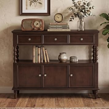 45.3" Solid Wood Console Table with Storage | 3-Tier Entryway Table with 3 Drawers,2 Open Shelves,Sofa Table with 3-Door Cabinet for Entryway Living Room Hallway,Walnut
