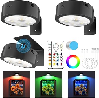 3 Pack Picture Lights for Wall, 13 RGB Color Rechargeable Battery Operated wall lights, Picture Frame lights with 3 Lighting Modes, Wireless Magnetic Painting Light with Remote Control Timer, Black