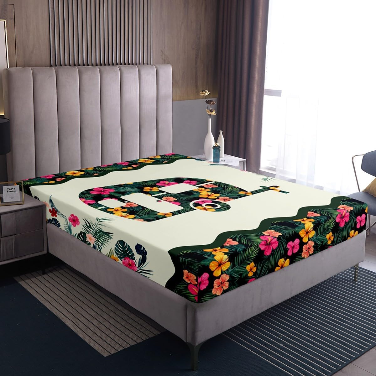 Erosebridal Camper Sheet Set,Palm Leaves Camping Fitted Sheet Flowers Camp Travel Car Bed Sheets Queen,Botanical Camping Themed Bedding Bed Cover Camping Decor Camping Gift