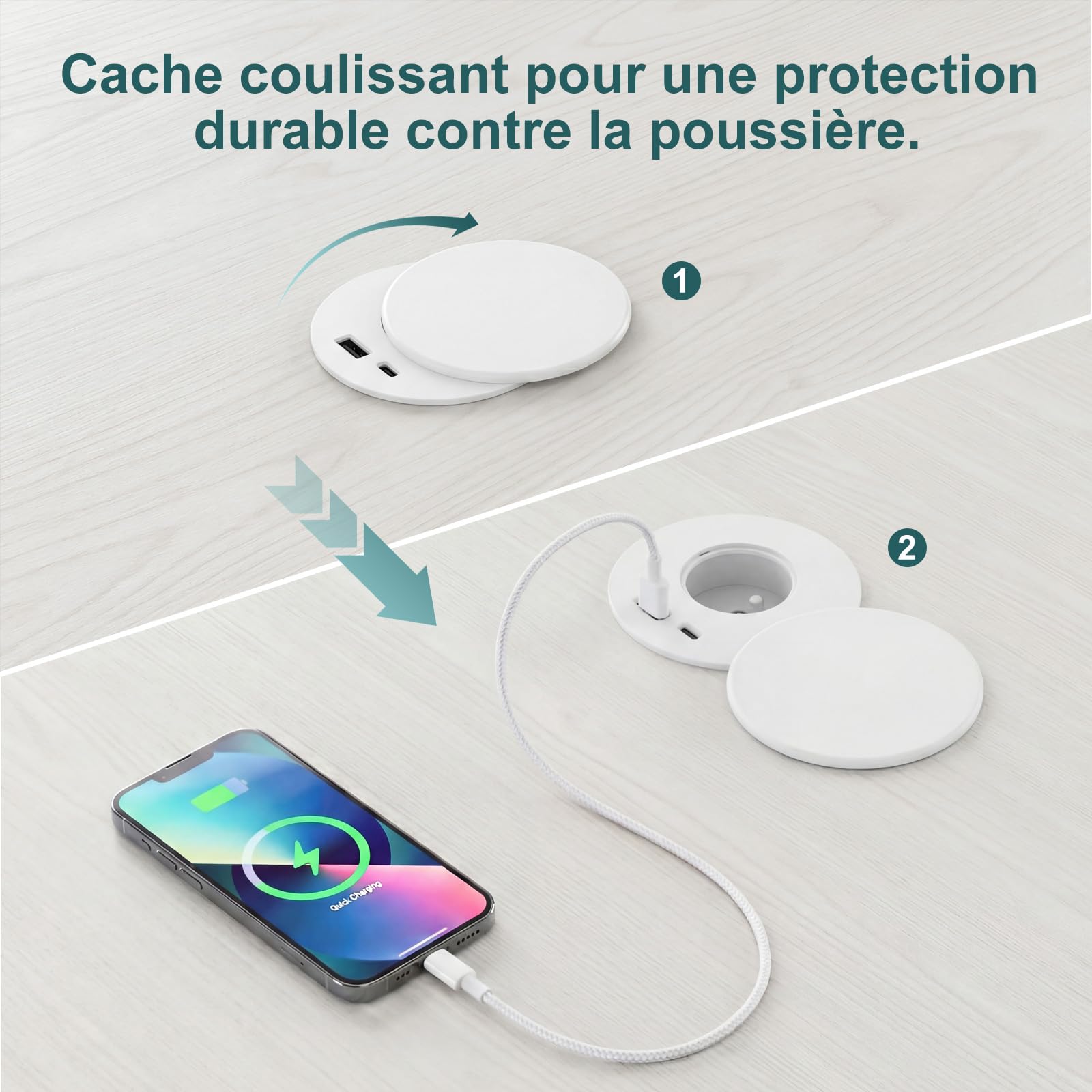 Regleta de enchufes empotrables con 1 enchufe, 1 puerto USB C, 1 puerto USB A, 80 mm de diámetro, 1,5 m de cable, toma de escritorio para cocina, oficina, muebles, color blanco