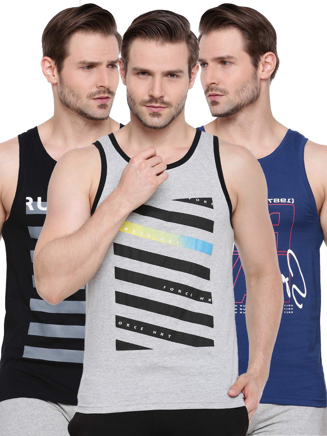 force nxt Printed Gym Vest for Men Pack of 3 | Super Combed Cotton Gym Tank | Regular Fit, Scoop Neck Ganji | Breathable, Sleeveless Men's Sports & Yoga T-Shirt-picture-38