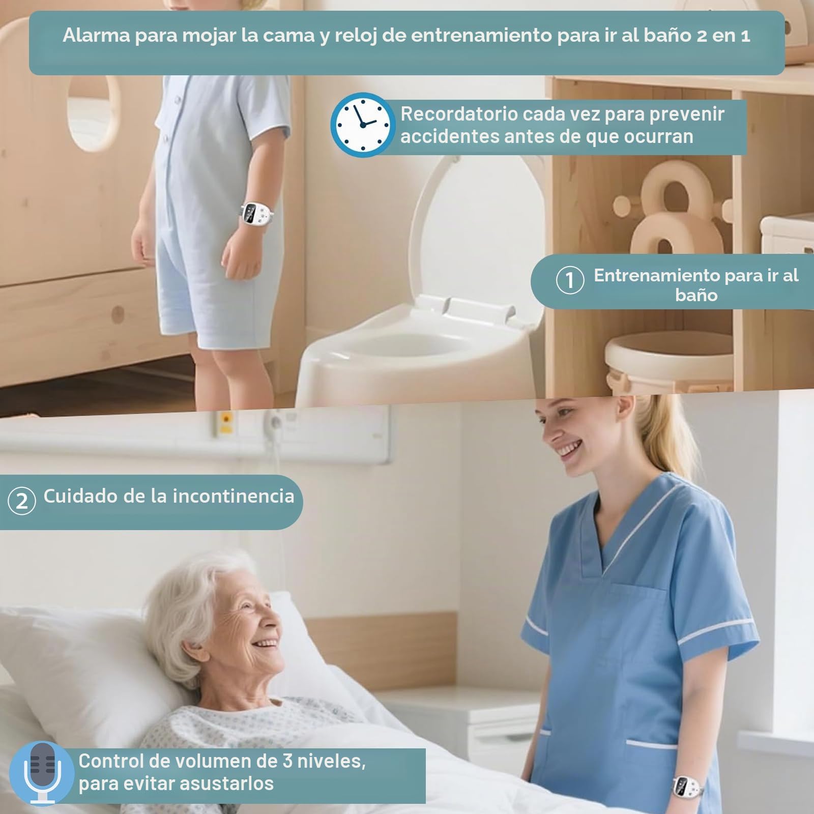 Alarma inalámbrica para niños, con mando a distancia, 3 modos de recordatorio, 2 tonos de llamada, carga USB, temporizador, alarma para entrenamiento de orinal nocturno Superwindun (versión básica​)