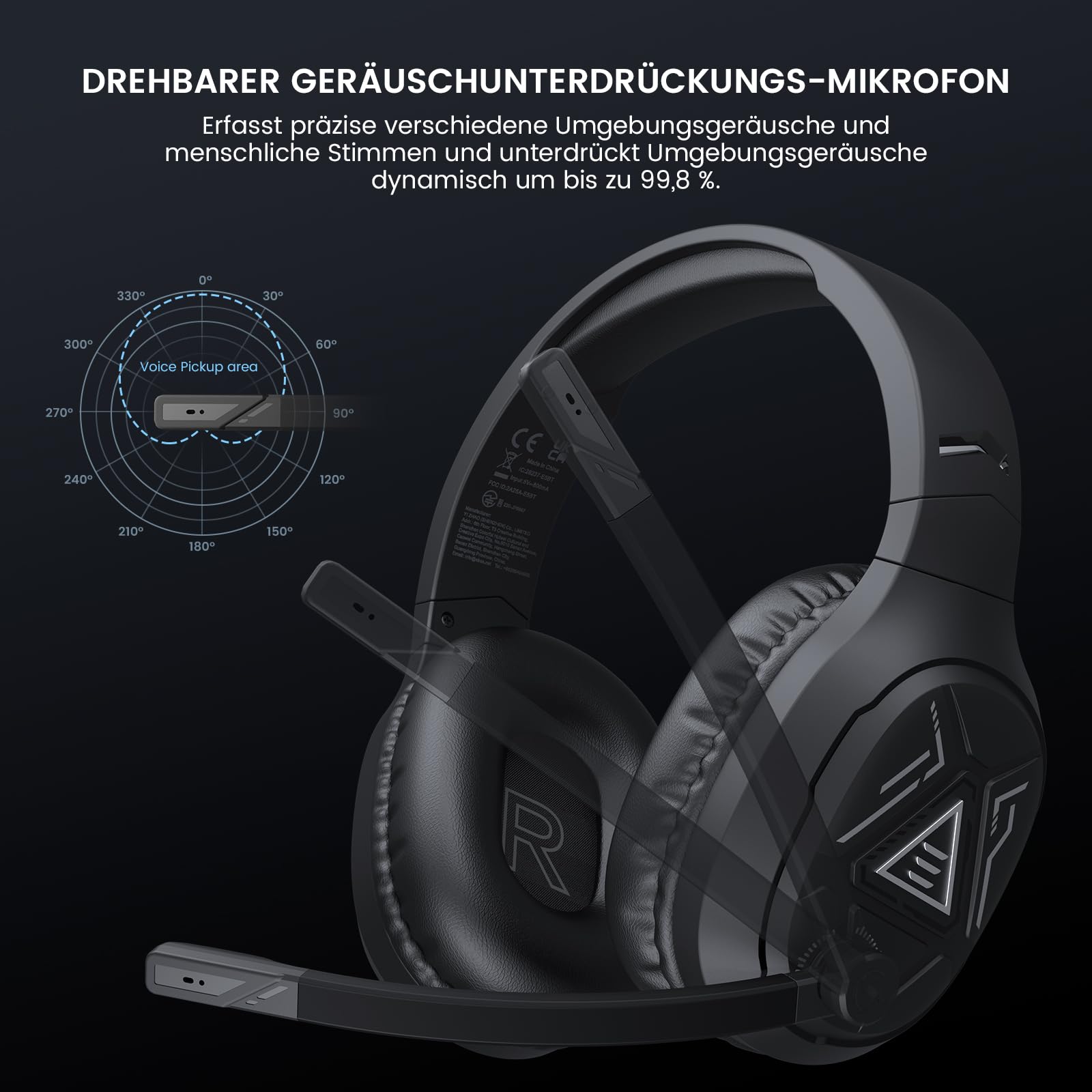 EKSA - Cuffie da gaming wireless per PS4 PS5 PC, cuffie Bluetooth 2.4G con microfono, suono Surround 7.1, ENC e luce RGB, cuffie da gaming USB senza fili, 52 ore di durata della batteria, jack da 3,5
