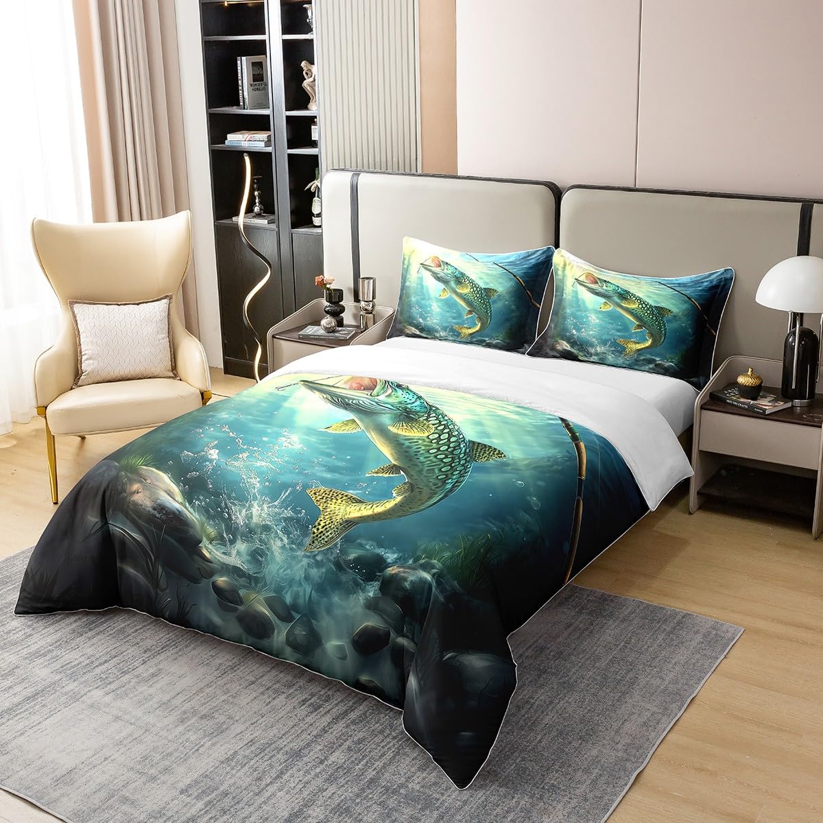 Loussiesd Big Hecht Fisch 100% Baumwolle Bettwäsche Set 135x200cm Fischen und Jagen Bettbezug für Kinder Jungen Mädchen Zimmer Dekor Fischer Fisch Mann Betten Fischen Bettwäsche-Set