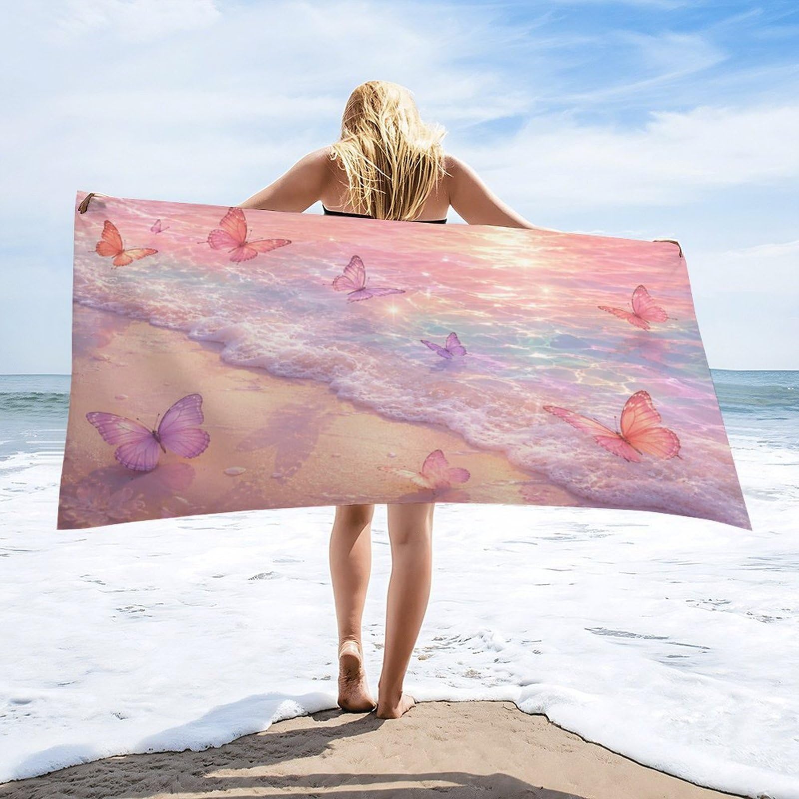 Anceky Butterfly Beach Sunset Pink Beach Towel 32"×63",Soft Microfiber Bath Towel Shawl, Quick Dry Absorbent Pool Spa Gym Shower Towel